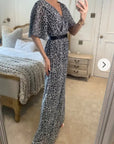Floral Print Chiffon Wrap Maxi Dress (Grey Leopard)