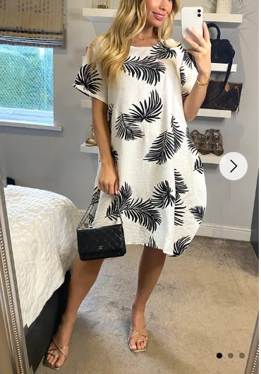 multi leaves print black white contrast cotton shift dress