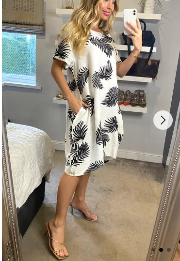 multi leaves print black white contrast cotton shift dress