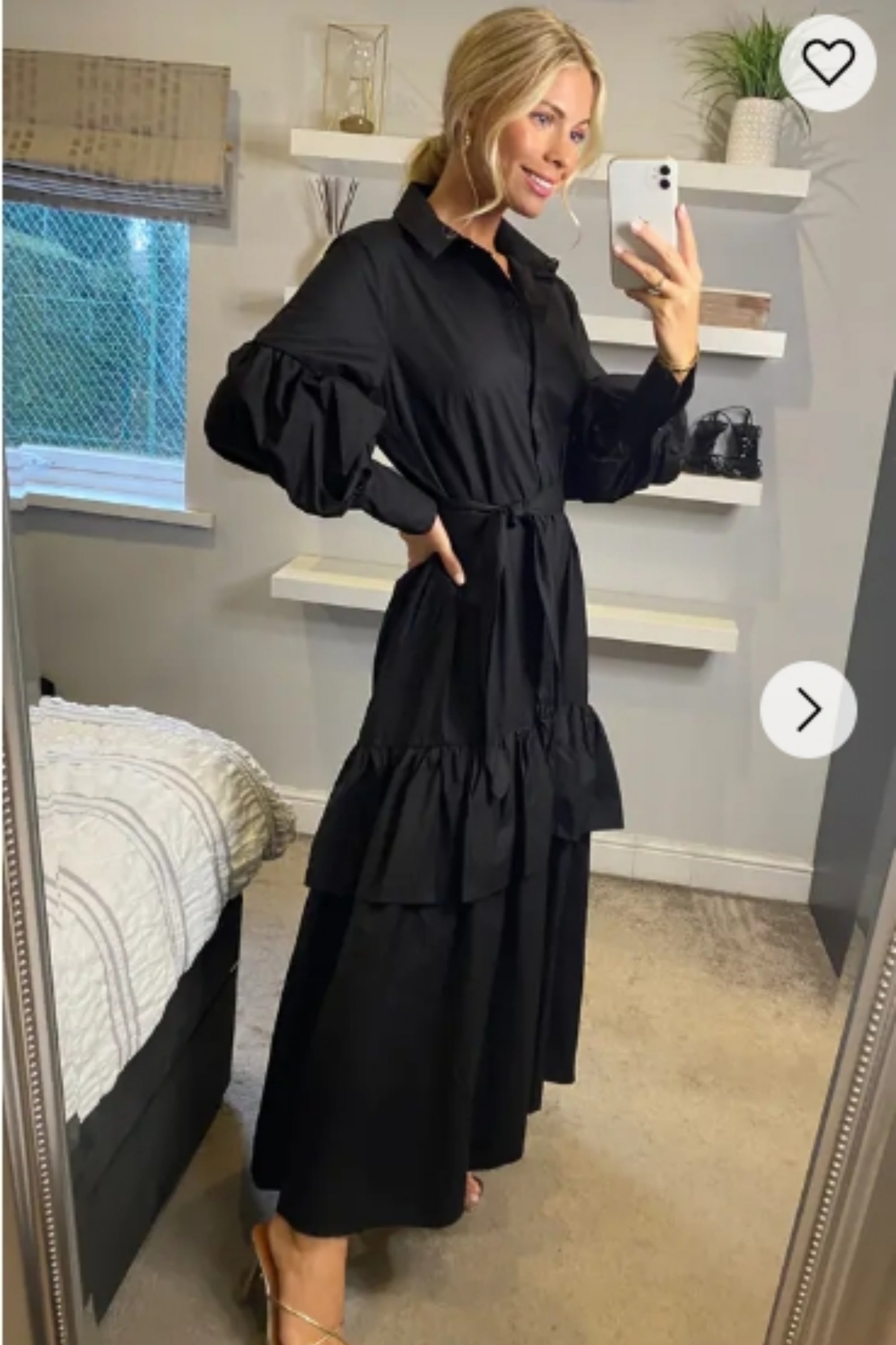 Puff sleeve shirt dress with tiered hem skirt in black