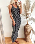Double strip navy white stripe Maxi dress in black