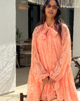 Floral Lace Long Blouseon Sleeves Design Dress In Peach orange