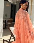 Floral Lace Long Blouseon Sleeves Design Dress In Peach orange