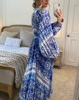 Blue monochrome scarf print pleated long shirt dress