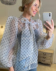 White color Oversized Organza shirt in polka dot print with bow design