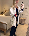 Jacquard design knit Long Cardigan with Gold Trim design in Cream