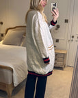 Jacquard design knit Long Cardigan with Gold Trim design in Cream