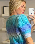 Tie dye effect rib knit short sleeves jumper top in blue
