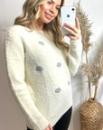 Embroidered couldy print fluffy jumper (CREAM)