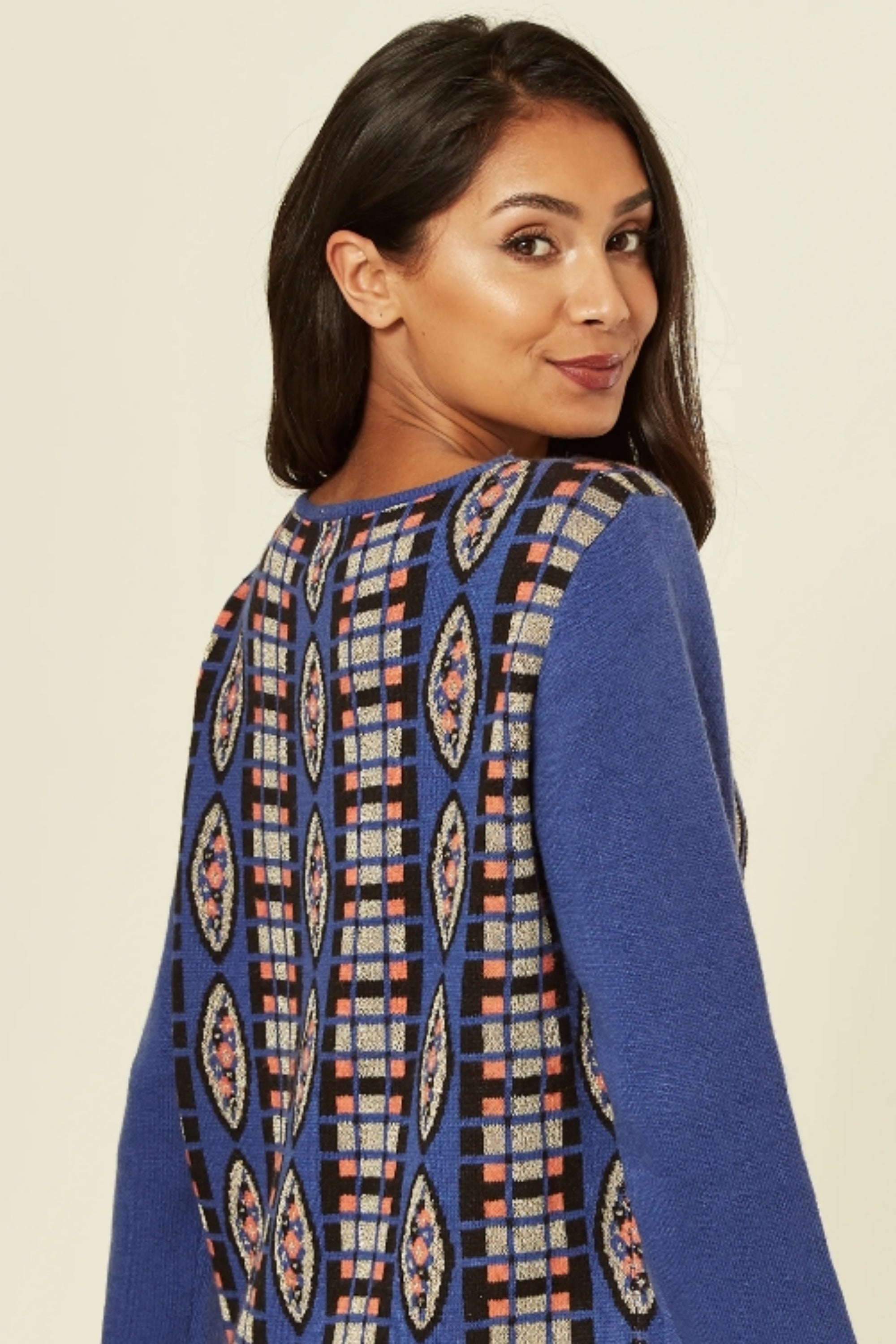 Metallic gold trims Fair isle Print Jumper