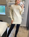Multi faxu Pearl embellished design neckline long knit jumper dress in white