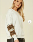Leopard look faux fur embellished sleeves jumper