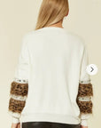 Leopard look faux fur embellished sleeves jumper