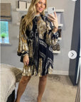 Black and Gold color Scarf print Full pleated Shirt dress