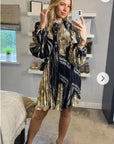 Black and Gold color Scarf print Full pleated Shirt dress