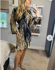 Black and Gold color Scarf print Full pleated Shirt dress