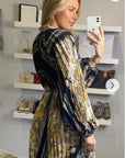 Black and Gold color Scarf print Full pleated Shirt dress