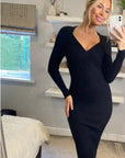 Soft Knitted Ribbed Midi Bodycon front twist design Dress In Black