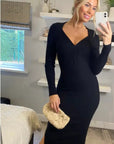 Soft Knitted Ribbed Midi Bodycon front twist design Dress In Black