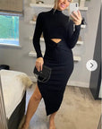 Soft Knitted Ribbed Midi Bodycon front OR back cut out design Dress In Black
