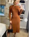 Soft Knitted Ribbed Midi Bodycon Dress tie up on back In Brown