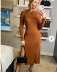 Soft Knitted Ribbed Midi Bodycon Dress tie up on back In Brown