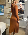 Soft Knitted Ribbed Midi Bodycon Dress tie up on back In Brown