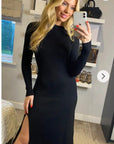 Soft Knitted Ribbed Midi Bodycon Dress tie up on back In Black