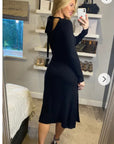 Soft Knitted Ribbed Midi Bodycon Dress tie up on back In Black