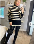 Soft Knit Striped roll-neck design cozy wool-blended jumper in black