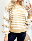 Multi layer ruffle sleeves yellow white color stripe jumper top
