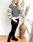 Multi layer ruffle sleeves black white color stripe jumper top
