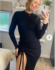 Soft Knitted Ribbed Midi Bodycon Side Split Tie up design Dress In Black
