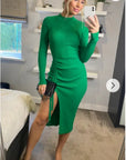 Soft Knitted Ribbed Midi Bodycon Side Split Tie up design Dress In Green