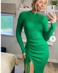 Soft Knitted Ribbed Midi Bodycon Side Split Tie up design Dress In Green