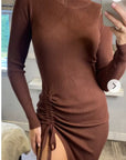 Soft Knitted Ribbed Midi Bodycon Side Split Tie up design Dress In Brown