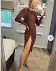 Soft Knitted Ribbed Midi Bodycon Side Split Tie up design Dress In Brown