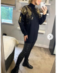 Gold Sliver Mix sequin embellished front and sleeves design jumper dress in black