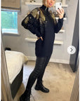 Gold Sliver Mix sequin embellished front and sleeves design jumper dress in black