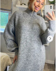 Super Soft Fine Knit Plain Color Funnel Neck Long Jumper Dress in grey