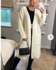 Cable knit design wool-blended long oversized cardigan in White