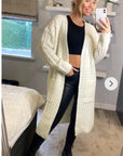 Cable knit design wool-blended long oversized cardigan in White