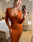 Soft Knitted Ribbed Midi Bodycon Dress Long Sleeve In Brown