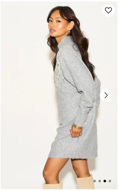 Multi Diamonded and Sequin design pattern Embroidered Long Jumper in grey