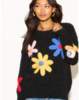 Floral Pattern Embroidered Soft knit Long Sleeves Jumper in black