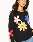 Floral Pattern Embroidered Soft knit Long Sleeves Jumper in black