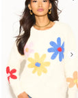 Floral Pattern Embroidered Soft knit Long Sleeves Jumper in Cream
