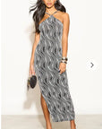 High-neck sleeveless metallic-knit with pattern print maxi dress in Sliver