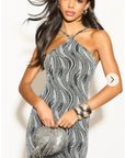 High-neck sleeveless metallic-knit with pattern print maxi dress in Sliver