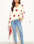 Brushed texture Sweet Heart Pattern Embroidered Jumper in cream